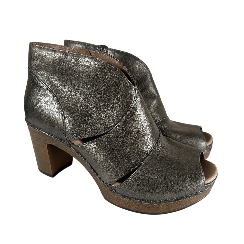 Dansko Delphina Gray Metallic Leather Peep Toe Heeled Ankle Boots EU39 US8.5-9